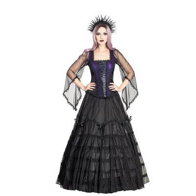 Foto van Sinister | Lange Boho Goth rok Sophia, zwart satijnen met laagjes gedrapeerd kant
