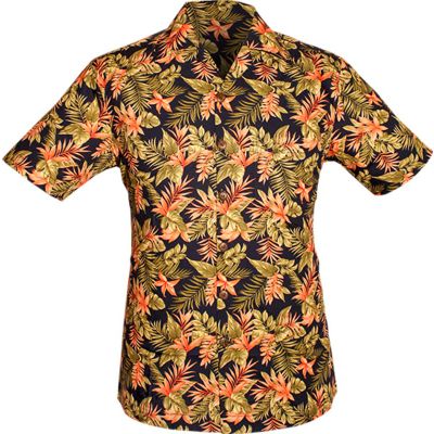 Chenaski | Overhemd korte mouw, jungle plants navy, groen roze