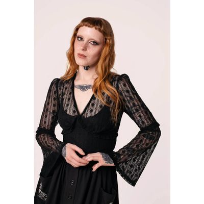 Foto van Hell Bunny | Vintage Gothic top Rhianne van zwart kant met uitlopende mouw