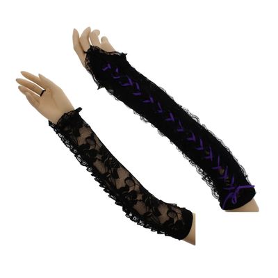 Zacharia | Lange vingerloze zwarte kanten handschoenen met paars lint