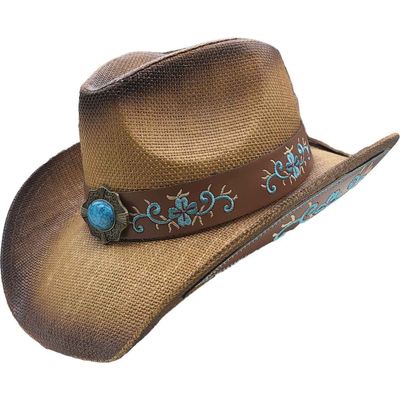 Foto van Major wear | Klassieke zomerse Cowboyhoed burned beige met geborduurde rand en band met steen