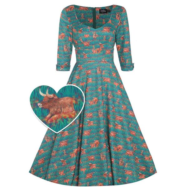 Dolly and Dotty | Jurk Scarlette sweetheart halslijn, groen met schotse hooglanders print