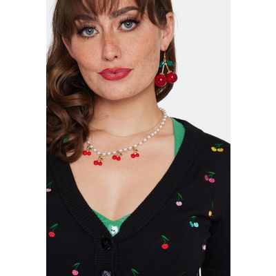 Foto van Voodoo Vixen | Zwarte cardigan met 3/4 mouw, Rainbow Cherry borduursels