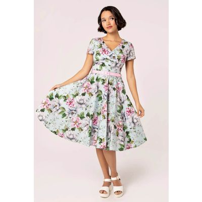 Foto van Hell Bunny | Jaren '50 jurk Rina, baby-blauw met grote witte en roze vintage bloemen