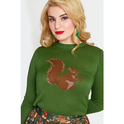 Foto van Voodoo Vixen | Groene jaren '50 trui met ingebreide vintage eekhoorn