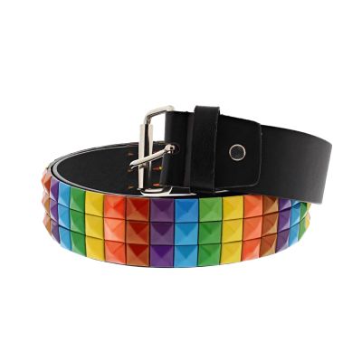 Zacharia | Riem van PU met 3 rijen regenboog piramides studs