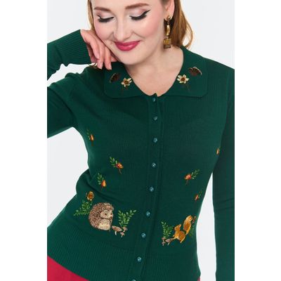 Foto van Voodoo Vixen | Groene cardigan Woodland met vosje, egeltje en herfst-borduursels
