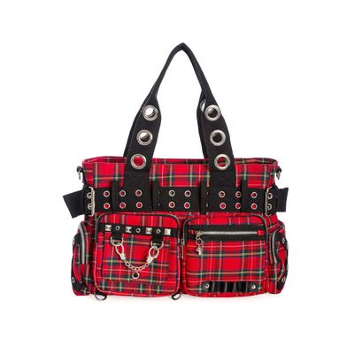 Foto van Banned | Handtas Camdyn van rode tartan met Gothic & Punk details