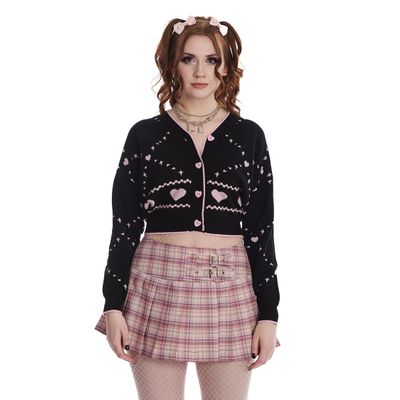Banned | Crop cardigan Nori, zwart met roze lolita hartjes en knoopsluiting