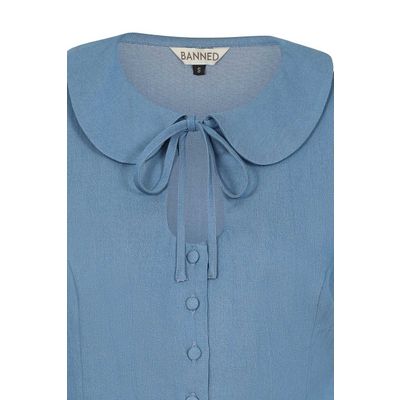 Foto van Banned | Korte blauwe vintage retro blouse Joanne met Peter Pan kraagje
