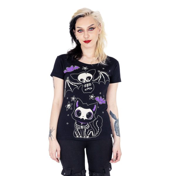Cupcake Cult | T-shirt Skelly Cat, zwart met X-ray katjes en paarse vleermuisjes 