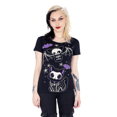 Foto van Cupcake Cult | T-shirt Skelly Cat, zwart met X-ray katjes en paarse vleermuisjes 