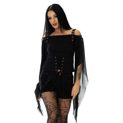 Foto van Poizen Industries | Gothic top Addylin met korsetdetail en sierlijke mesh puntmouwen