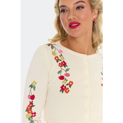 Foto van Voodoo Vixen | Vintage inspired cardigan, creme floral cherry borduursels