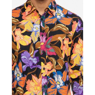 Foto van ATO Berlin | Soepel overhemd Tamuza met tropisch oranje geel bloemen patroon, biokatoen