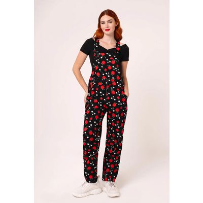 Foto van Hell Bunny | Ruimvallende Dungarees Apple Pie met appeltjes en madeliefjes print