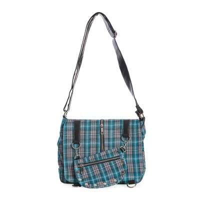 Foto van Banned | Schoudertas Twice the action, blauwe tartan met studs en rits details