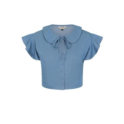 Foto van Banned | Korte blauwe vintage retro blouse Joanne met Peter Pan kraagje