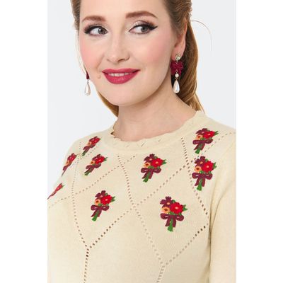Foto van Voodoo Vixen | Creme jaren '40 Jumper van ajour-breisel met boeketjes borduursels 