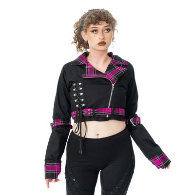 Heartless | Kort Punkjasje Hexbourne met corset detail, gespen en roze tartan
