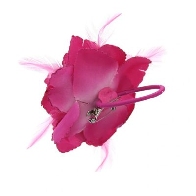 Foto van Zacharia | Fuchsia roze roos met glitter en veertjes op haarclip, broche en elastiek