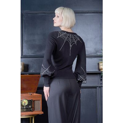 Foto van Banned | Gothic jumper, Carla zwart met witte spinnenweb langs hals en mouw