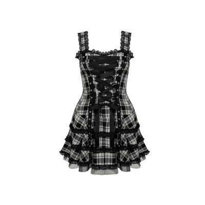 Foto van Hell Bunny | Punkjurkje Harley van zwart witte tartan met corsetlint