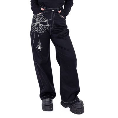 Foto van Heartless | Stoere zwarte broek Widow maker met witte spinnenweb en spin