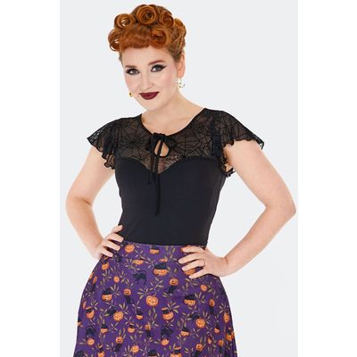 Foto van Voodoo Vixen | Zwarte top met spider web schouder- en halslijn en ruche mouwtjes 