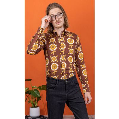 Foto van Run & Fly | Overhemd bruine retro bloemen, button down