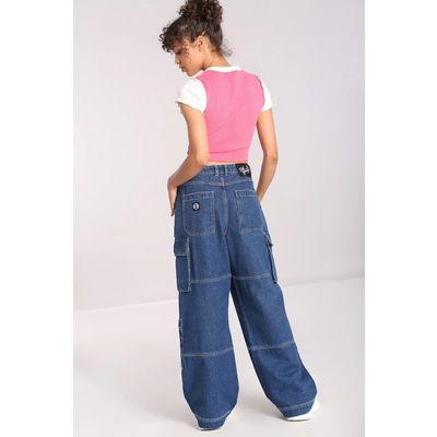 Foto van Hell Bunny | Blauwe denim baggy broek Cameron, met zakken en D-ringen