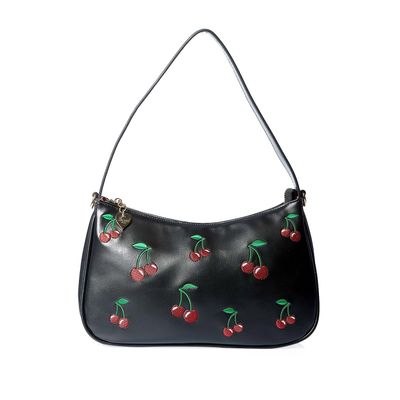 Banned | Wild Cherry schoudertasje zwart met geborduurde rode kersjes