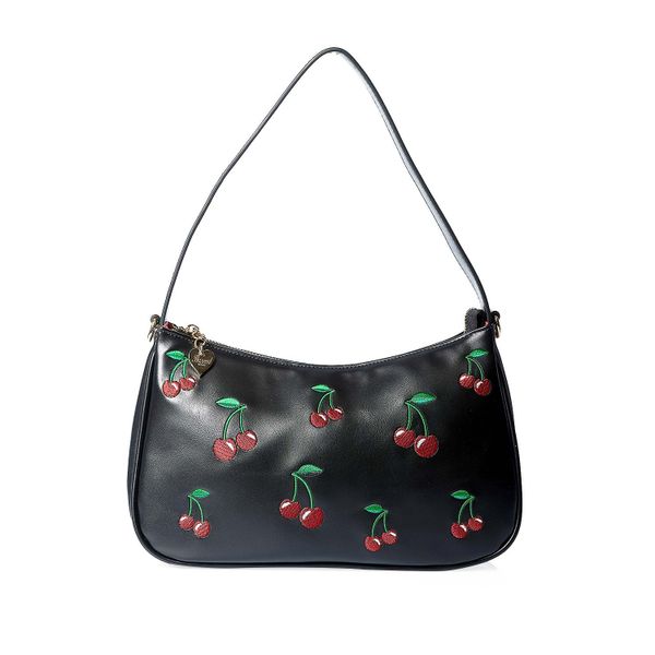 Banned | Wild Cherry schoudertasje zwart met geborduurde rode kersjes