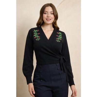 Foto van Banned | Wikkel cardigan Fatima zwart met trompet-bloemen borduursels