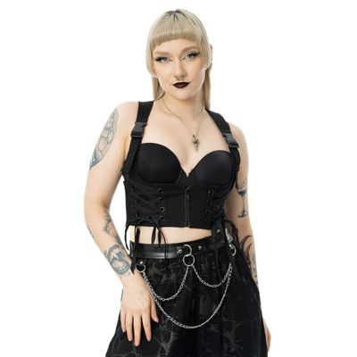 Chemical Black | Gothic gilet top Rowena, harnasmodel met clips en veter-details