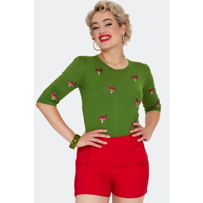 Foto van Voodoo Vixen | Groen jaren '70 zomer-truitje met 3/4 mouwen, paddenstoel met slak