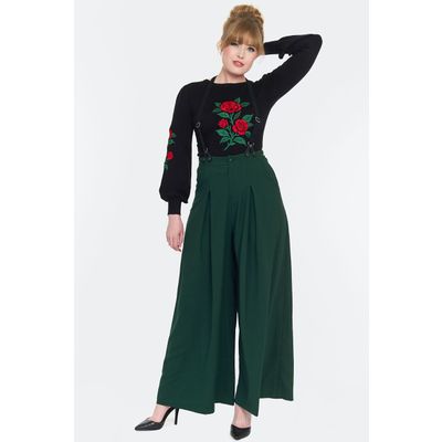Foto van Voodoo Vixen | Groene dames pantalon met extra wijde pijpen, hoge taille en bretels