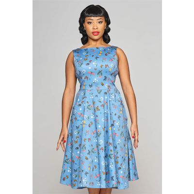 Collectif | Retro jurk Hepburn, blauw met vlinderprint, flared