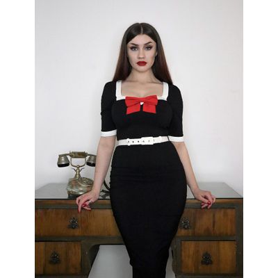 Foto van Collectif | Pencil jurk Sadie 50s met rode strik