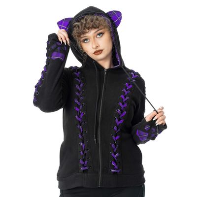 Foto van Bye Bye Kitty | Hoody Calico met lintjes details en paarse tartan katten oren