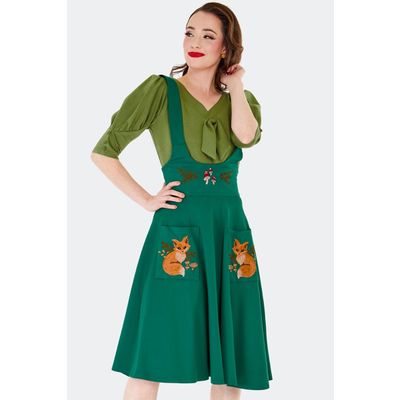 Voodoo Vixen | Groene jaren '70 rok met hoge taille en schouderbanden en herfstvosjes borduursel