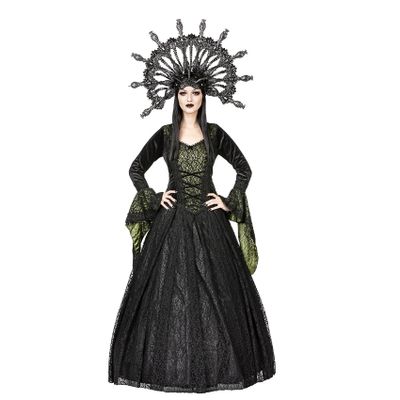 Foto van Sinister | Lange gothic jurk Helo, olijf groen satijn onderlaag met zwart kanten overrokken