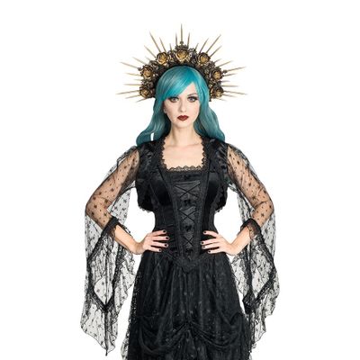 Sinister | Korte bolero Elfie van zwart fluweel met wijde mouwen van gaas met kant