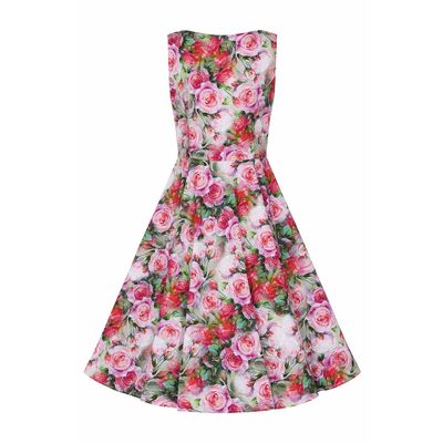 Foto van Hearts & Roses | Swing jurk Lola, zacht-groen met grote roze pioenrozen
