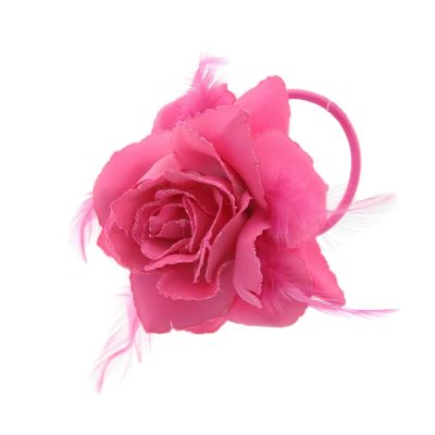 Foto van Zacharia | Zacht roze roos met glitter en veertjes op haarclip, broche en elastiek