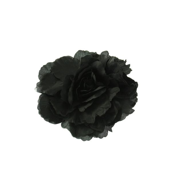 Zacharia | Grote platte zwarte roos op haarklip en broche