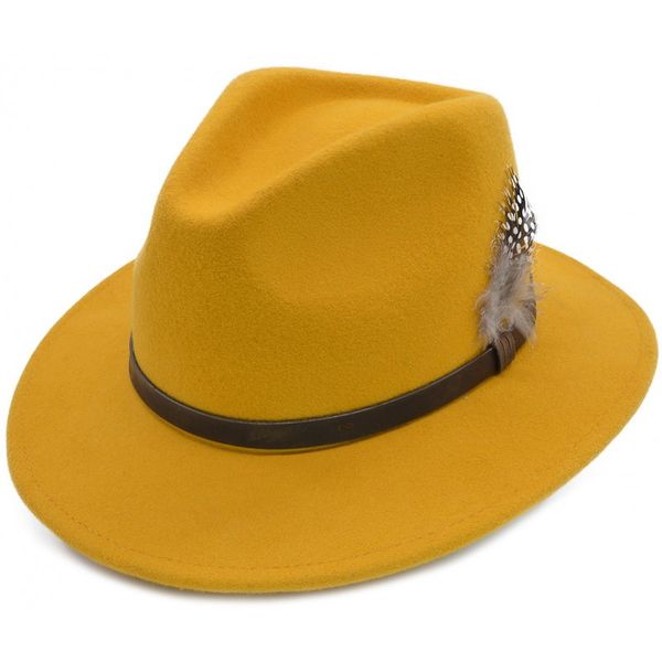 Cowboy Fedora hoed, mosterdgeel met leren band en veer
