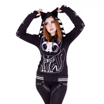Foto van Cupcake Cult | Zipper-hoody Skeleton cat met paarse X-ray kat en gestreepte capuchon