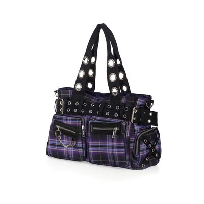 Foto van Banned | Handtas Camdyn van paarse tartan met Gothic & Punk details