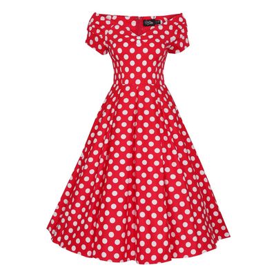 Foto van Dolly and Dotty | Jurk Lily off shoulder vintage swing jurk, rood met witte strippen